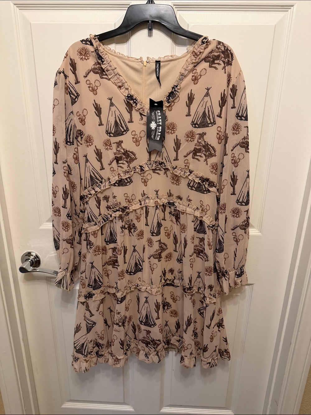 Crazy Train Beige Western Print Ruffle Tiered Long Sleeve Dress